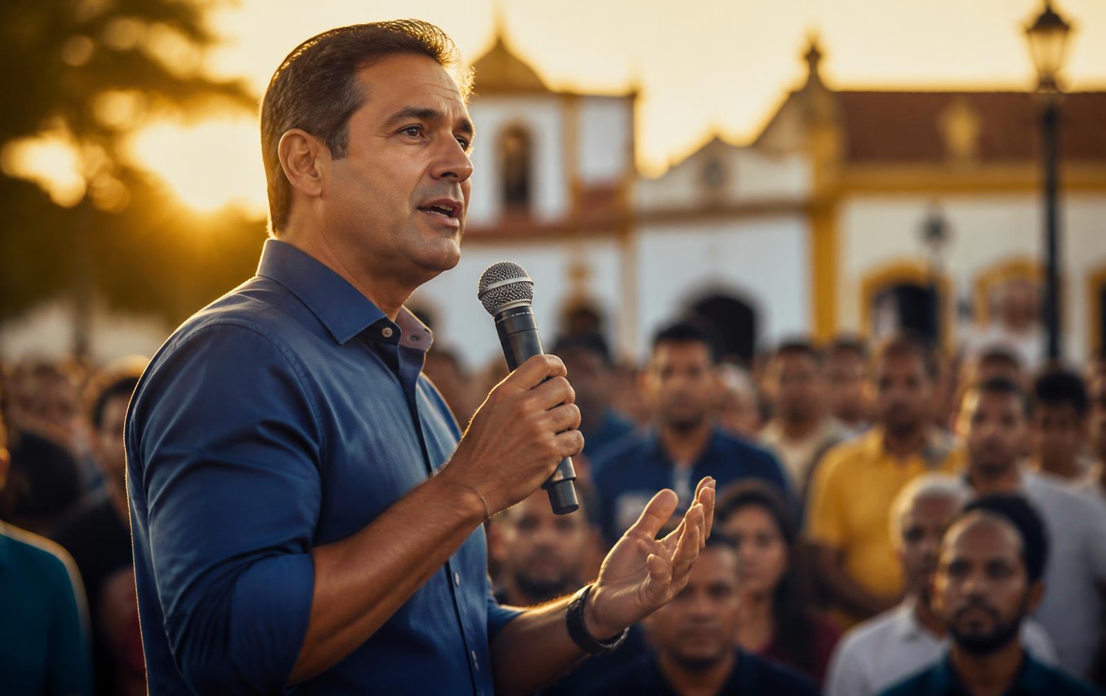 Candidato discursando para apoiadores em comício