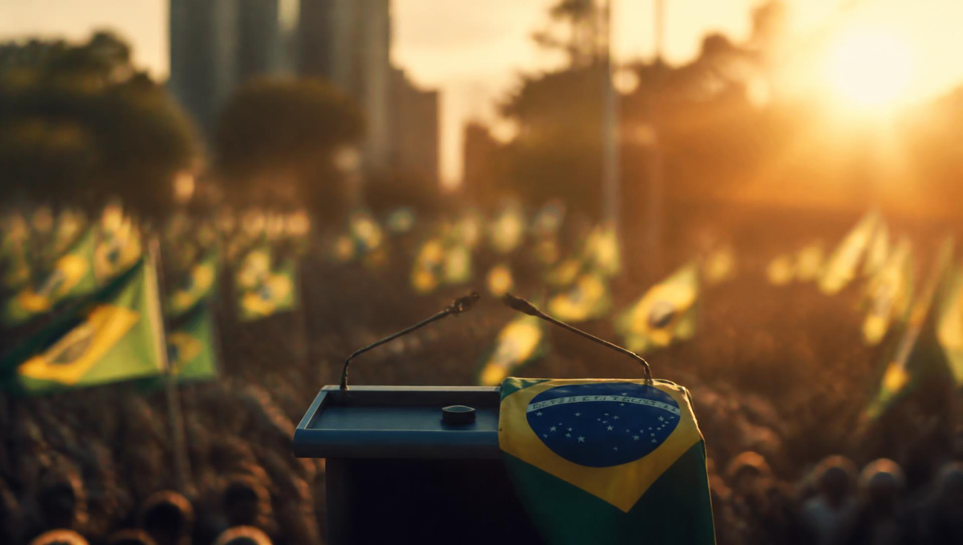 Comício ao entardecer com apoiadores e bandeiras