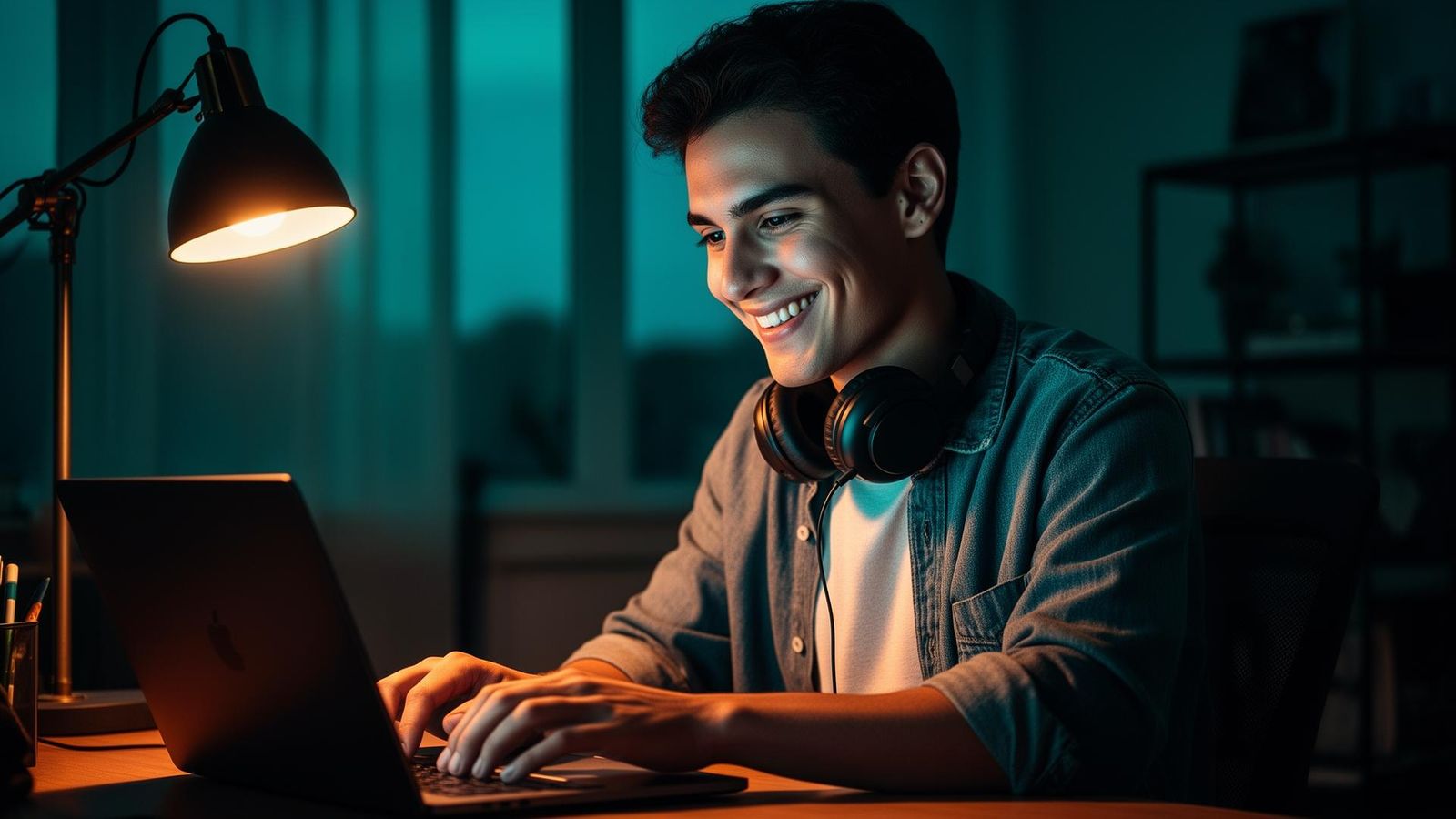 Designer creator sorrindo enquanto trabalha em laptop no estúdio